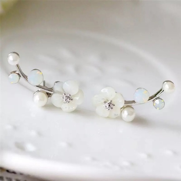 “Floral Dreams” Japanese Cherry Blossom Minimalist Spring Pearl/Diamond Earrings - Picture 3 of 8